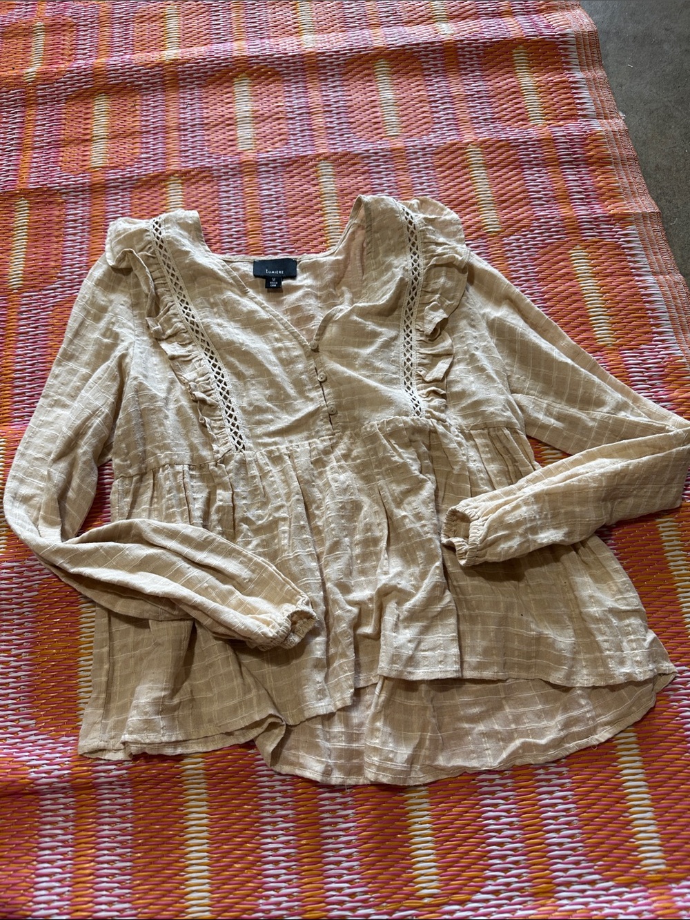 Lumiere Beige Crochet-Trim Ruffle Peasant Top